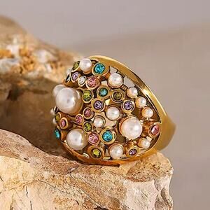 Gold Plated Multicolor Zircon, Pearl Statement Ring
